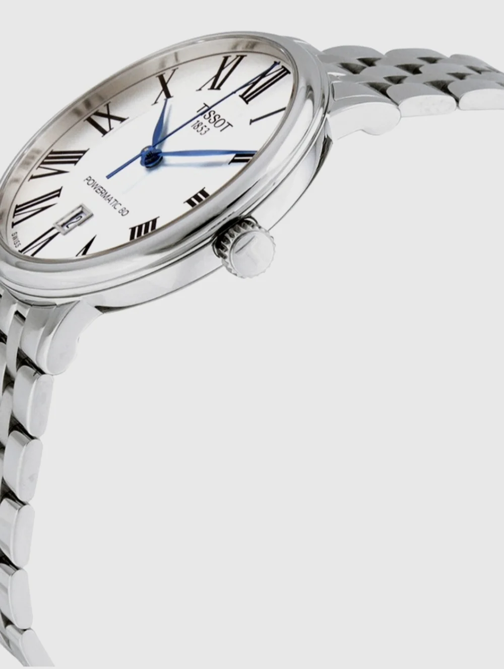 Tissot Silver Watch with Blue Hands and White Dial